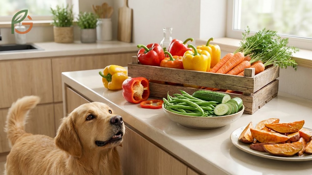 Vegetables safe for dogs include carrots and green beans as healthy low calorie alternatives.