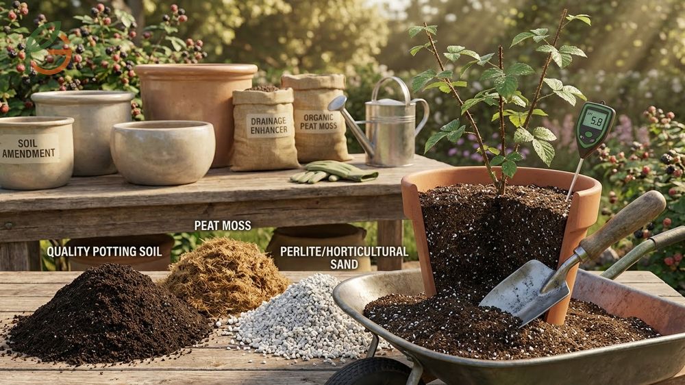Soil mix for containers requires a blend of potting soil, peat moss, and perlite to ensure drainage and acidic pH.