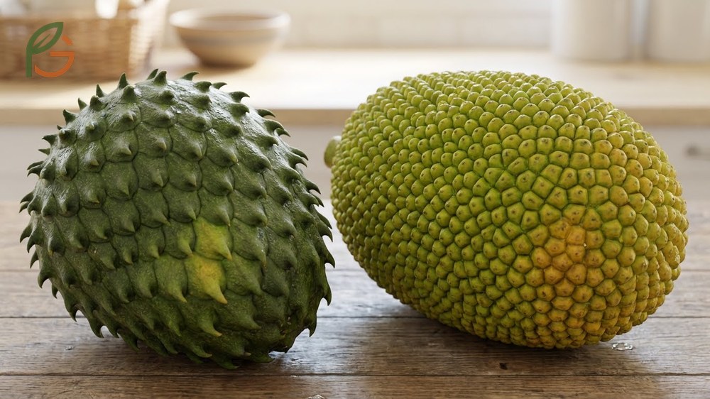 Fruit appearance differences comparing soft spines on soursop against hexagonal segments and 3-6mm thick skin on jackfruit.