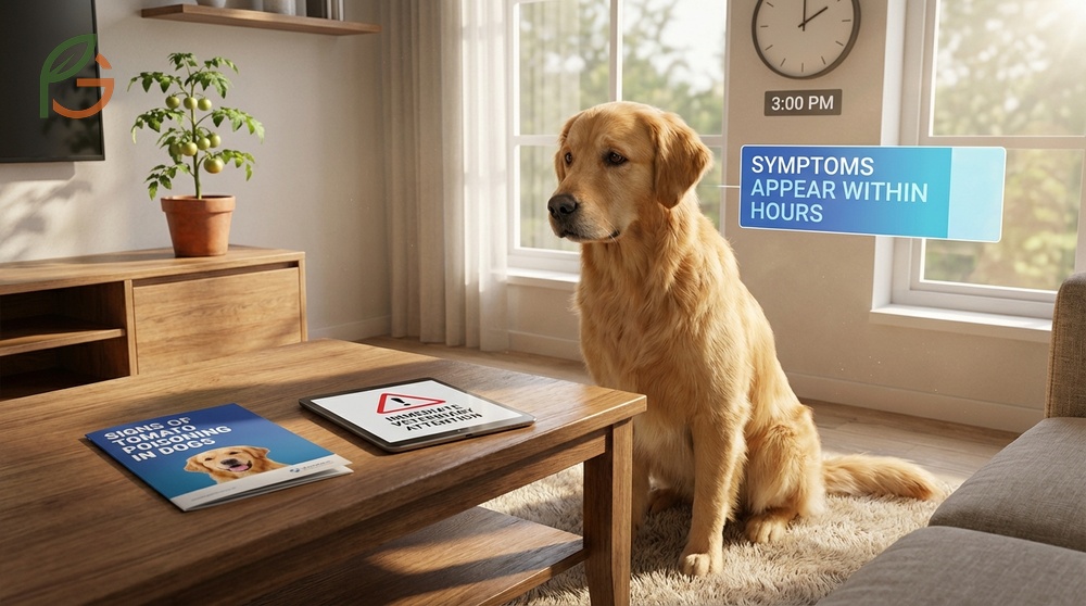 Signs of tomato poisoning in dogs listing vomiting and muscle weakness appearing within hours of ingestion.