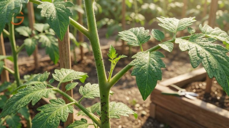 What are tomato suckers shown as small shoots growing in the leaf axil with pruning advice.