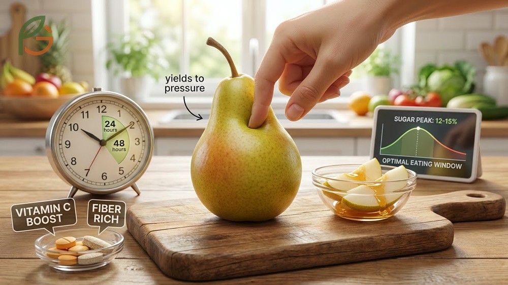 When pear ready to eat timeframe usually lasts 24 to 48 hours after the neck yields to pressure.