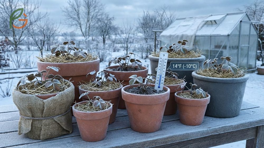 Winterizing potted strawberries involves applying mulch and moving containers to a sheltered location when temperatures drop.