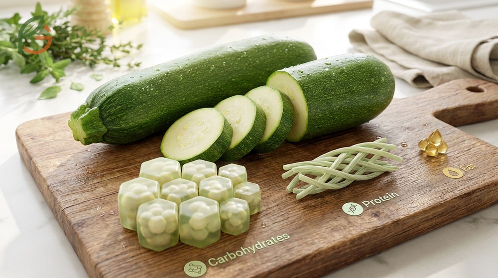 Zucchini macronutrients profile displaying 6g carbohydrates and negligible fat per medium vegetable.