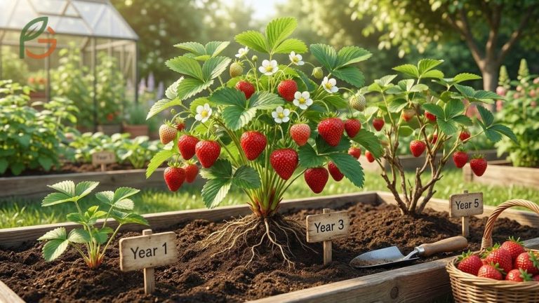 Healthy perennial strawberry plants growing in a garden bed capable of producing fruit for 3 to 5 years.