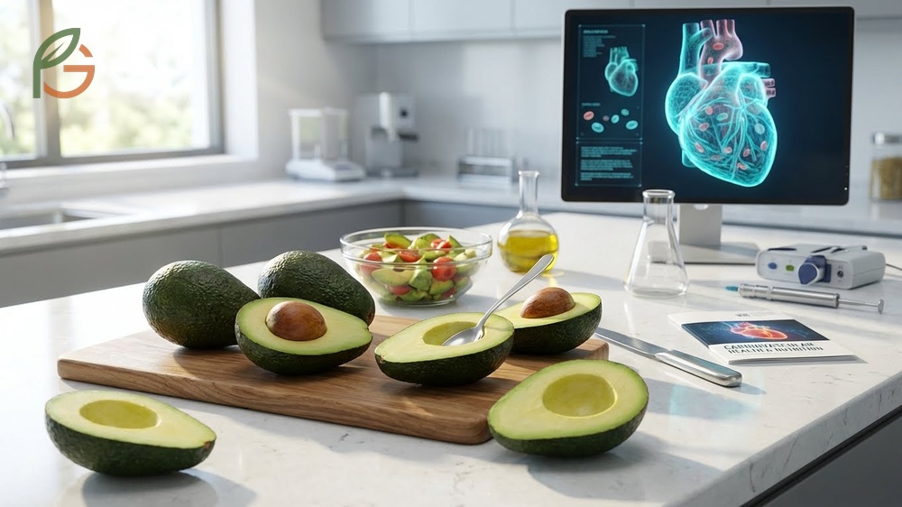Avocado heart health benefits illustrated by magnesium and fiber relaxing blood vessels for better circulation.