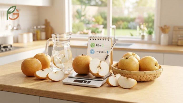 Benefits of Asian pears including high fiber content and low calorie count for health.