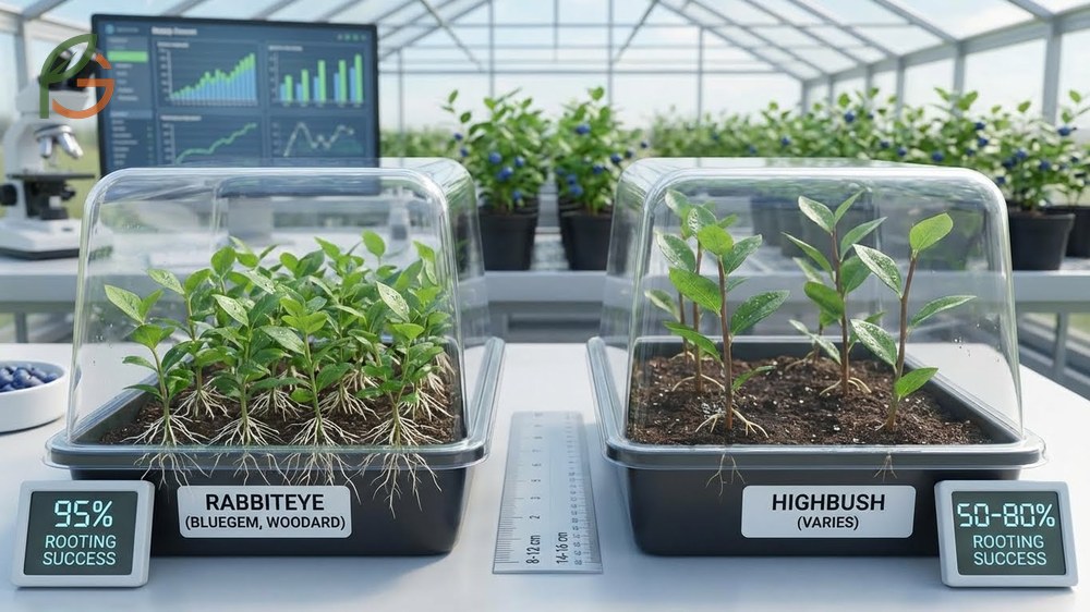Blueberry cutting success factors including cultivar selection and proper environmental controls.