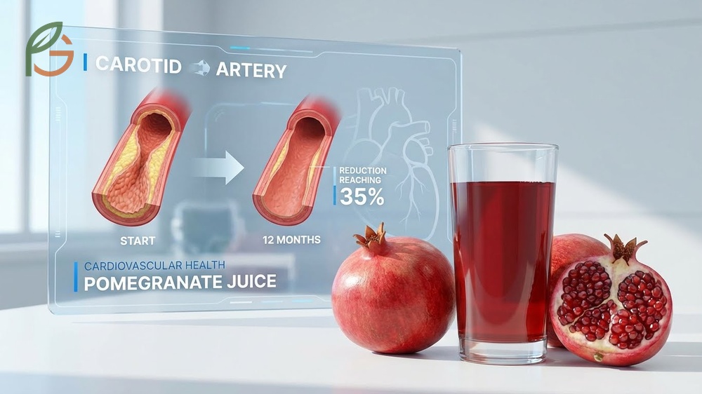 Cardiovascular health improves with pomegranate as it reduces carotid intima media thickness by 35% in hypertensive patients over one year.