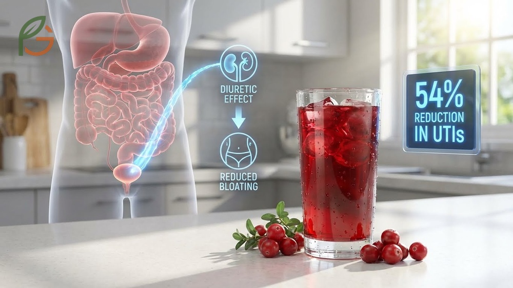 Does cranberry juice help with bloating by acting as a natural diuretic to reduce water retention within 5 hours.