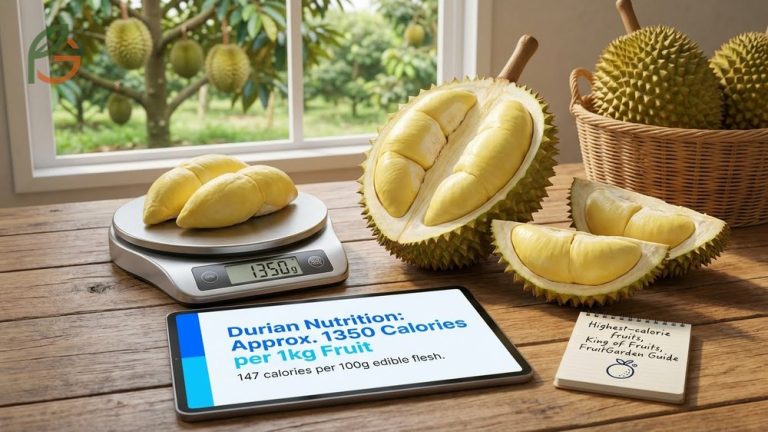 A large, whole durian fruit with its spiky green shell, used to calculate the total calorie count.