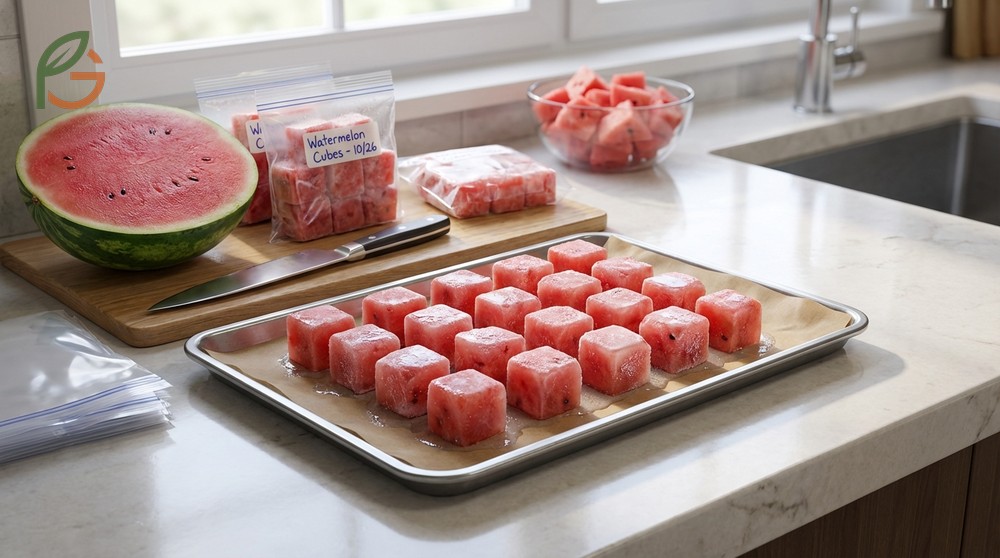 Freezing fresh watermelon involves cutting red flesh into 1-inch cubes and flash freezing for 5 to 12 hours.