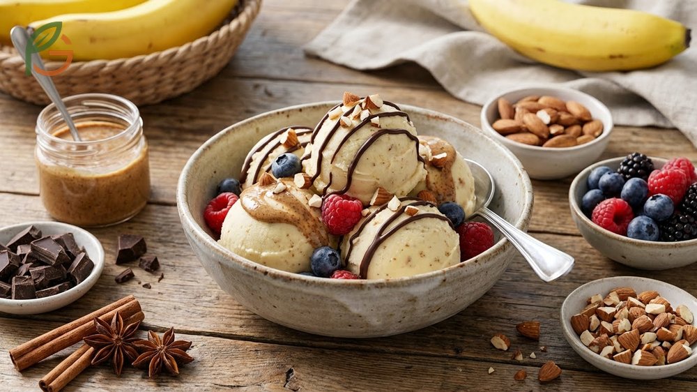 Frozen banana dessert bases can be customized with cocoa powder or berries to create rich flavors like chocolate nice cream.