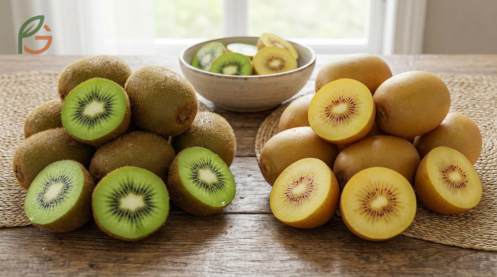 Golden kiwi vs green kiwi taste comparison showing differences between tangy green and sweet tropical golden varieties.