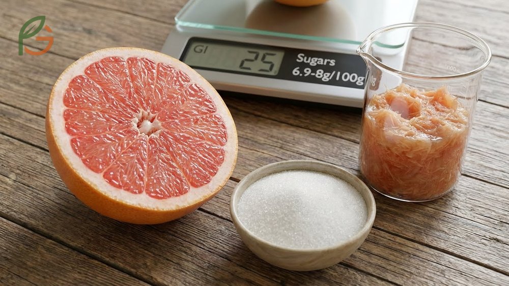 Fresh grapefruit contains approximately 6.9 to 8g of natural sugars per 100g serving with a glycemic index of 25.