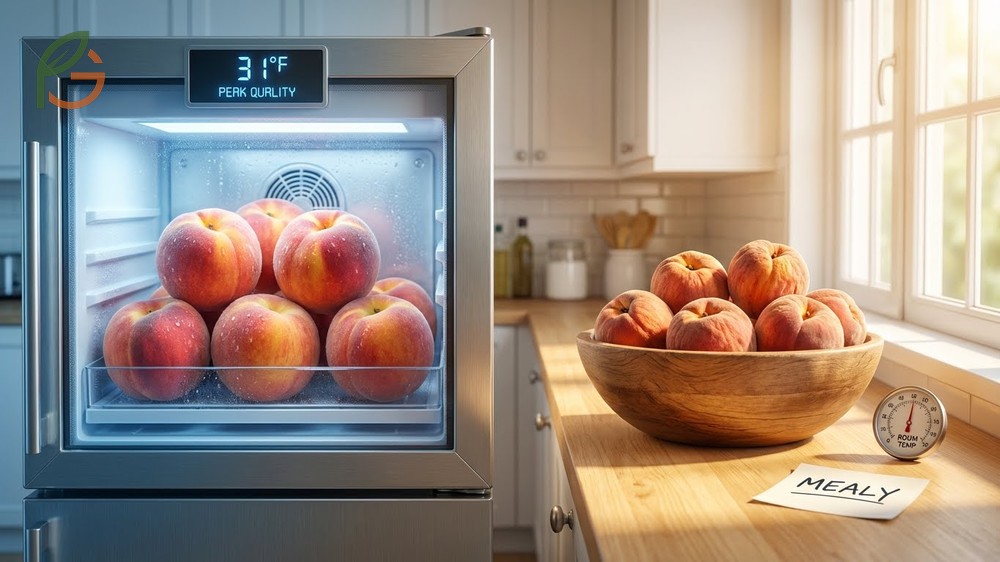 How to store peaches at the ideal temperature of thirty one degrees Fahrenheit to prevent mealiness and spoilage.