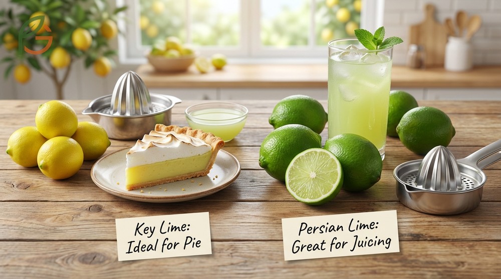 Key lime vs persian lime guide covering differences in size, flavor, and best uses for pies and juices.