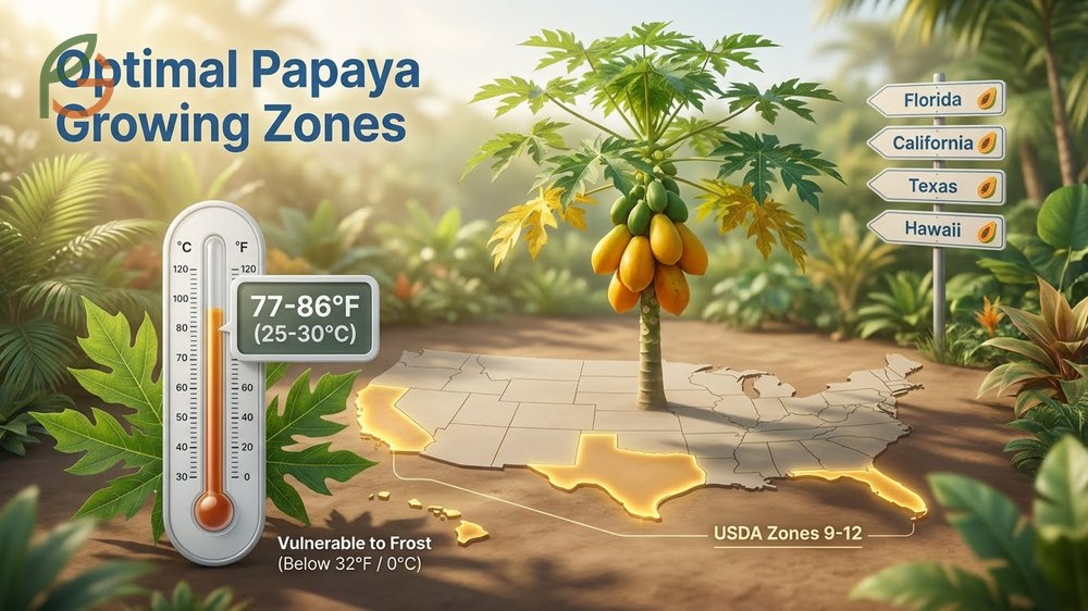 Papaya growing zone requirements showing optimal temperatures between 77 and 86 degrees Fahrenheit for fruit production.