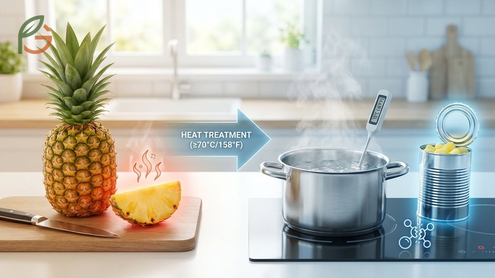 Prevent pineapple burn by heating fruit to 158 degrees Fahrenheit or soaking in salt water to deactivate enzymes.