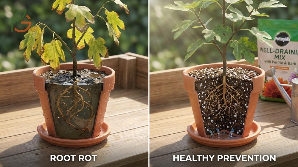 Preventing root rot in pots by using pine bark fines and ensuring proper drainage holes.
