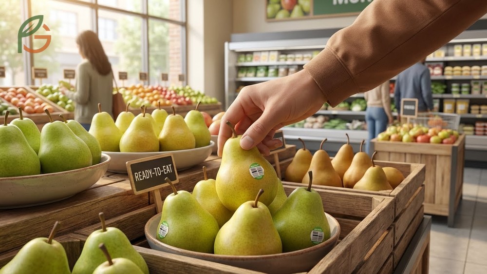 Selecting ripe pears at the store by checking stems for firmness and avoiding bruises or soft spots.