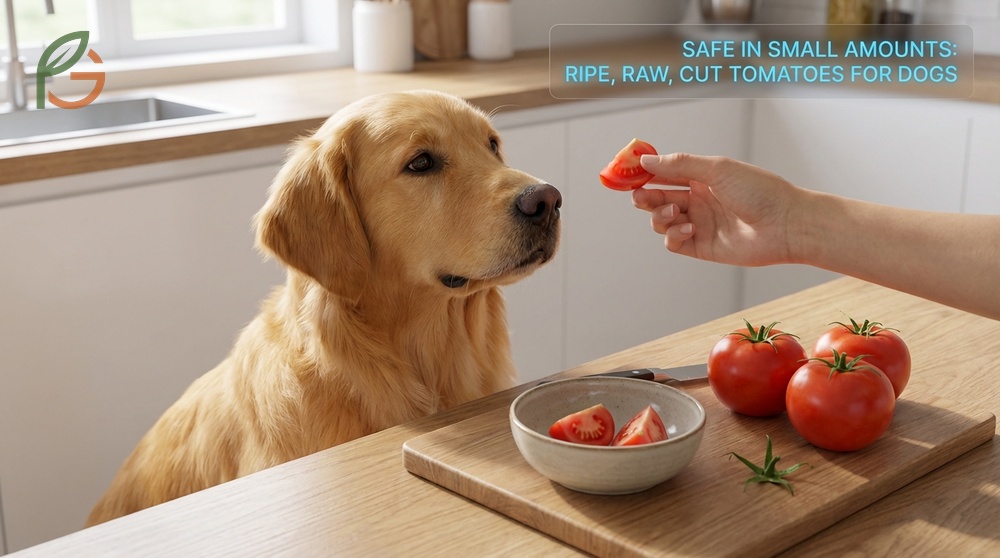 Can dogs eat tomatoes raw guide recommending bite-sized ripe pieces without stems or vines.