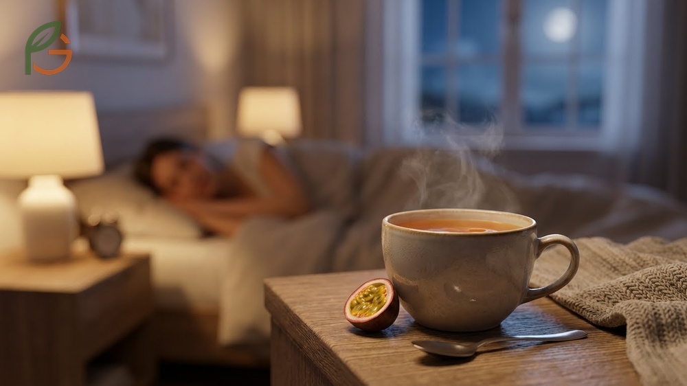 Passion fruit tea benefits sleep patterns by helping users fall asleep 12 to 15 minutes faster on average.