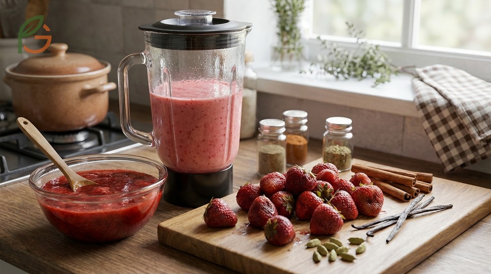 A creamy strawberry smoothie made with Greek yogurt and frozen berries containing protein and fiber.