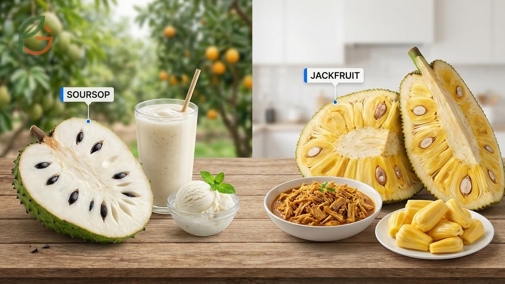 Taste and texture differences contrasting creamy soursop pulp with stringy jackfruit flesh used as meat substitutes.