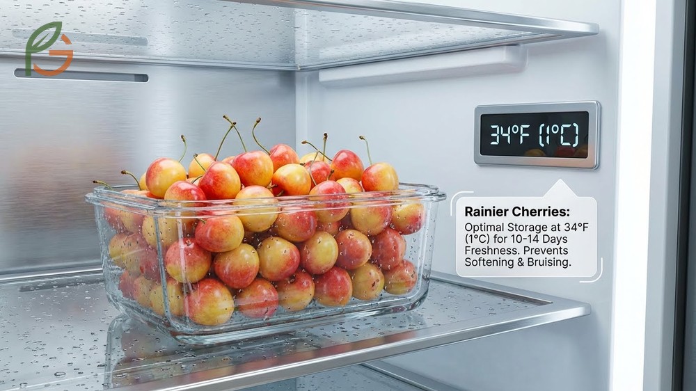Storing Rainier cherries requires care at 34 degrees Fahrenheit in shallow containers to prevent bruising on delicate skin.