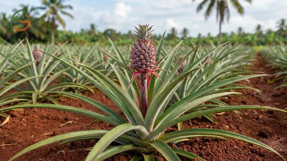 The progression of a pineapple fruit developing from a flower spike over five months.