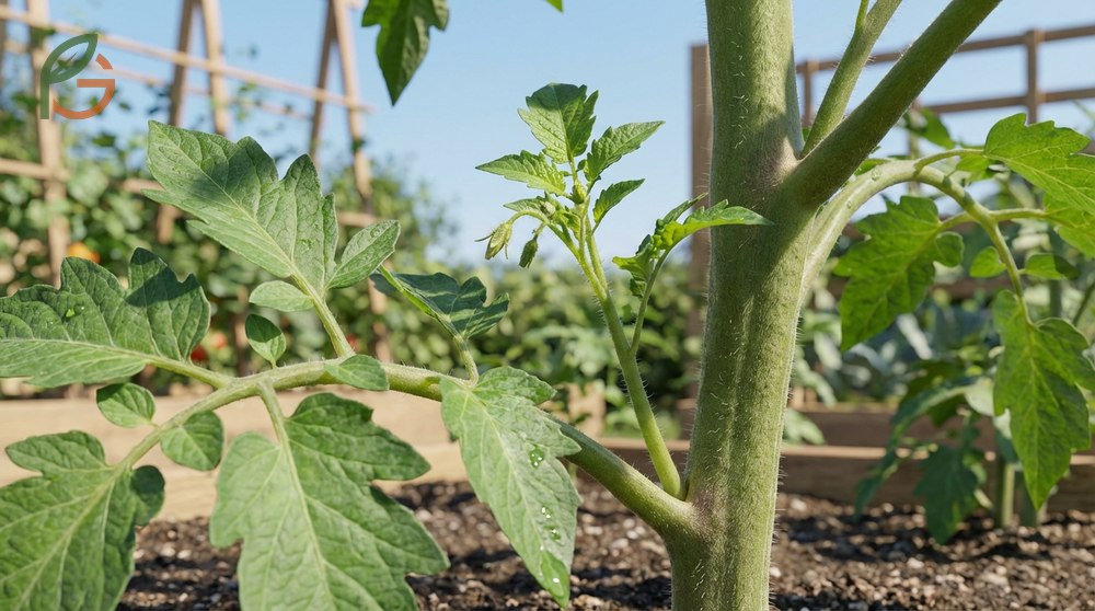Tomato suckers emerging from axillary buds located between the main stem and leaf branches.