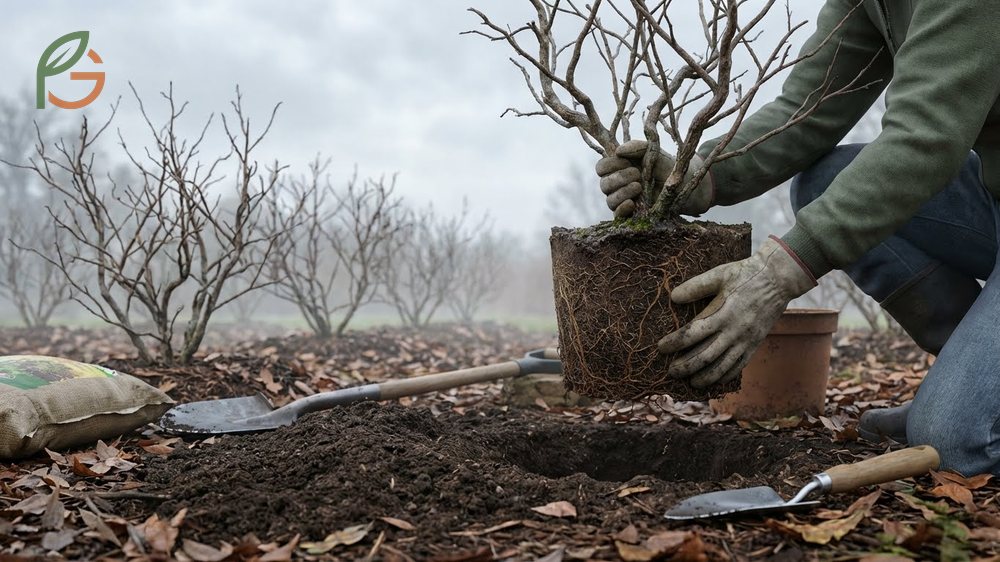 Dormant blueberry bush being carefully transplanted into a prepared hole with sulfur and peat moss amendments.