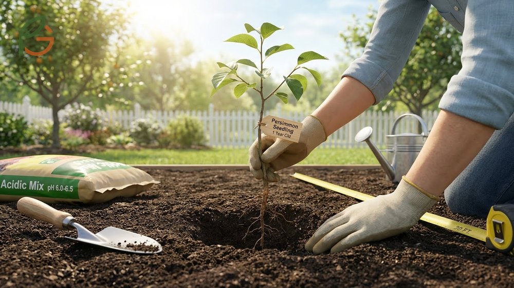 A gardener planting a one year old persimmon seedling into a hole twice as wide as the root ball.