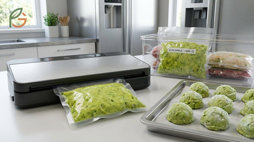 Vacuum sealing guacamole tips for extending freezer shelf life up to eight months.