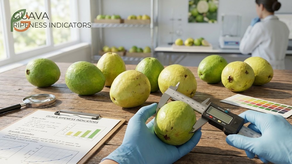 Secondary ripeness indicators for guava include smooth glossy skin and a heavy feel relative to its size.