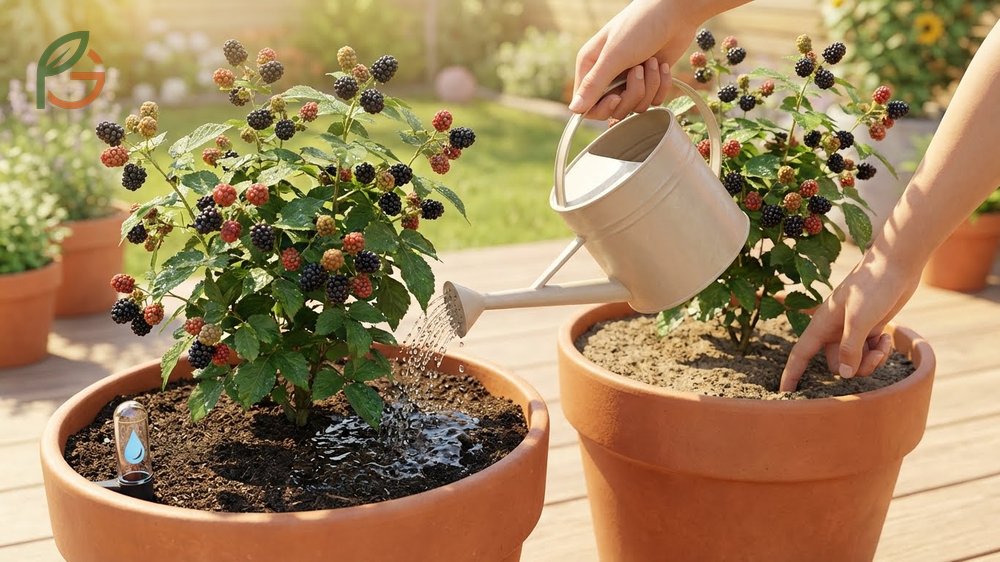 Watering potted blackberries involves daily irrigation during summer heat to prevent fruit size reduction by 30 percent.