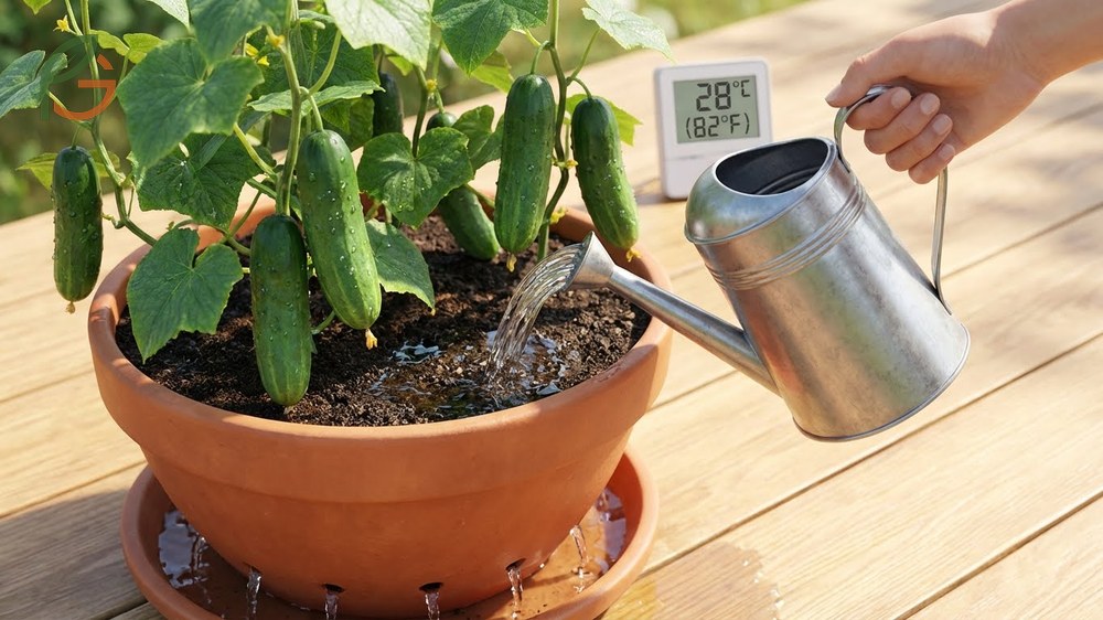 Watering potted cucumbers daily during heat waves prevents bitter fruit and ensures consistent moisture for production.