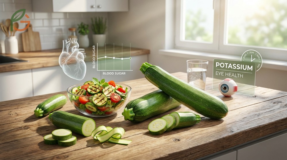 Zucchini health benefits including 261mg potassium for heart health and versatile cooking methods like grilling.