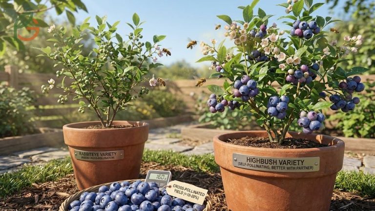 Two different blueberry varieties planted together in a garden to demonstrate effective cross-pollination techniques.