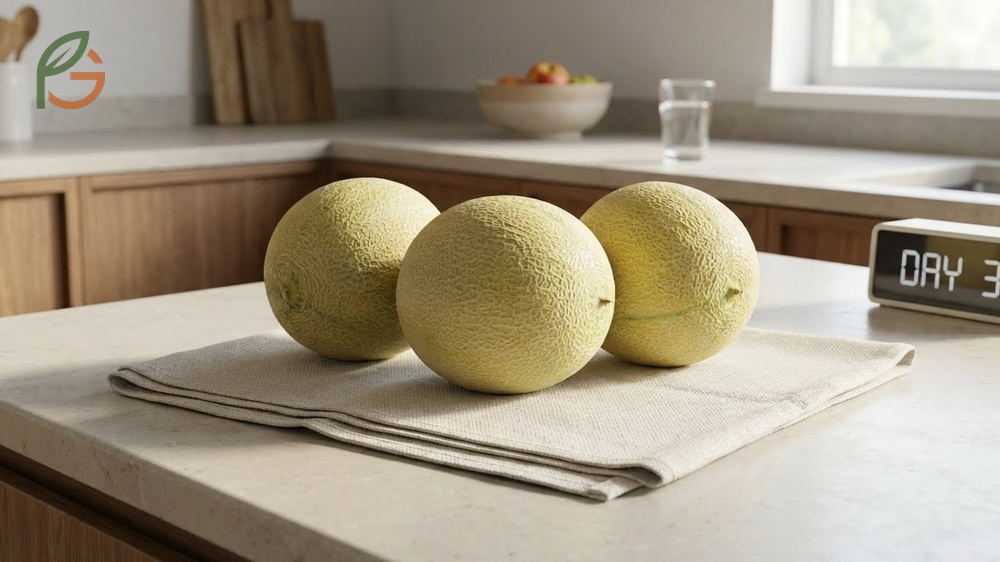 Counter ripening method involves placing the melon on a clean surface for several days until skin yellows.