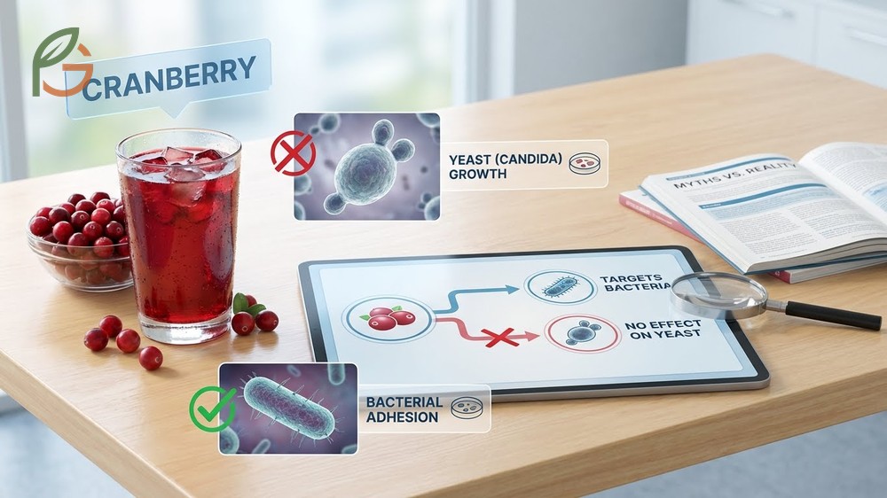 Does cranberry juice help yeast infections research shows only 45 percent anti-adhesion activity against Candida compared to higher bacterial effectiveness.