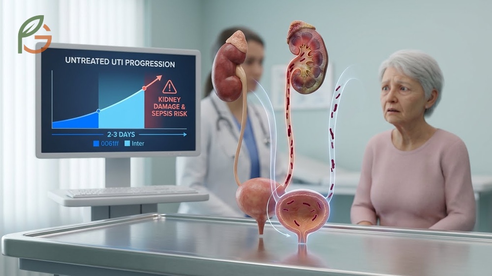 Dangers of untreated UTI leading to kidney infection and sepsis if antibiotic treatment is delayed 48 hours.