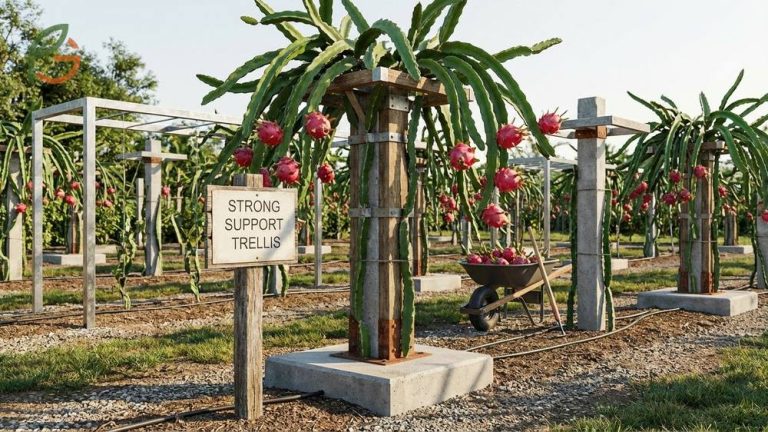 Dragon fruit trellis ideas for strong support utilize concrete or hardwood to handle 200kg of mature plant weight.