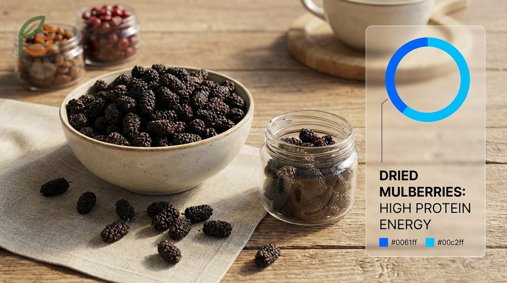 Dried mulberries benefits offering 4mg of iron per serving and 3g of plant-based protein for muscle support.