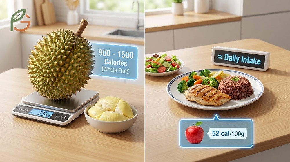 Durian calories per fruit calculation based on edible flesh yield of 20 to 30 percent relative to total weight.