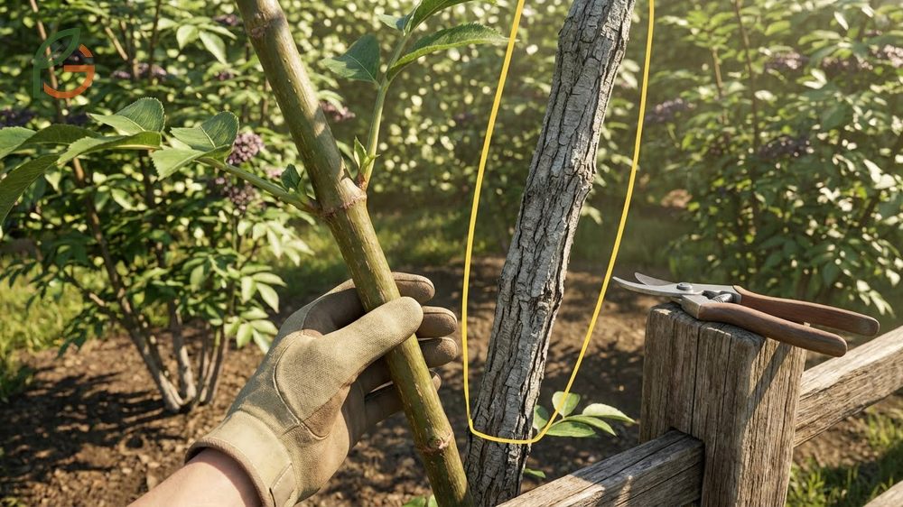 Elderberry pruning technique involves removing dead canes and selecting six to eight healthy young stems for production.