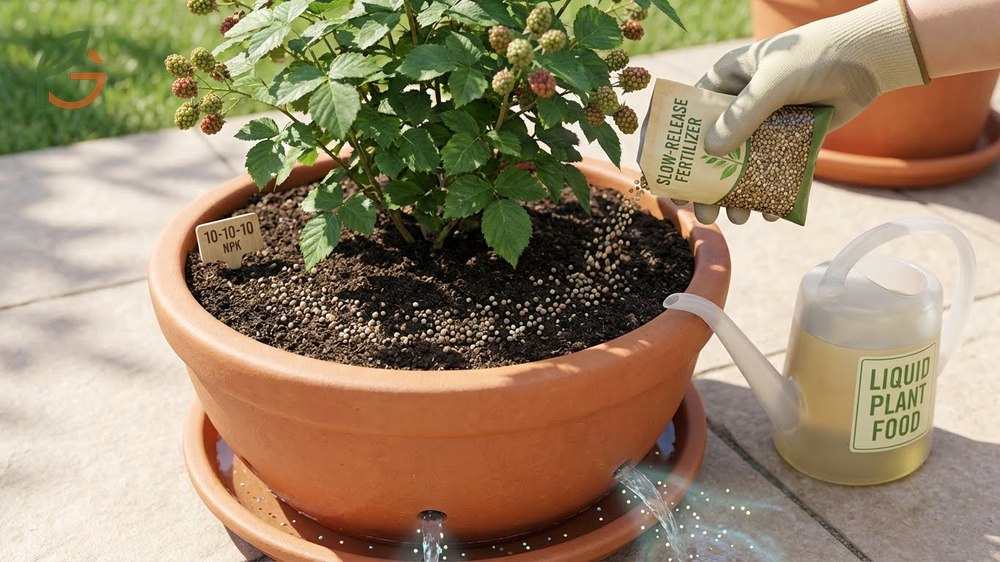 Fertilizing container blackberries includes applying balanced slow release nutrients in early spring and monthly liquid feeds.