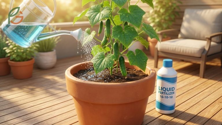 Fertilizing container cucumbers with balanced liquid nutrients every 10 days supports heavy feeding and fruit development.