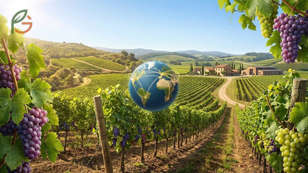 Where do grapes grow globally with China producing 12.6 million tonnes and California accounting for 90 percent of US production.